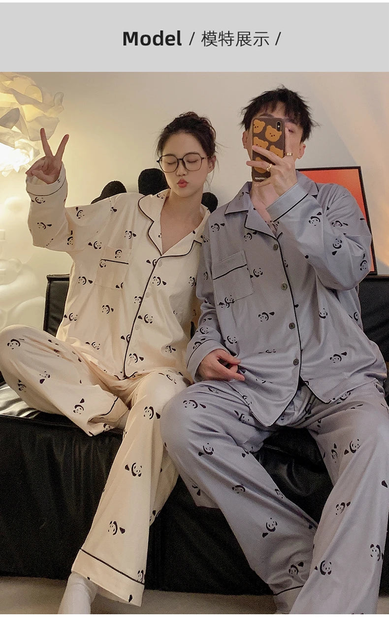 Pajamas Women Pajama Man Set Cotton Plus Size Spring Autumn Long-sleeved Korean Cardigan Casual V-neck Nightwear Couple Pyjamas