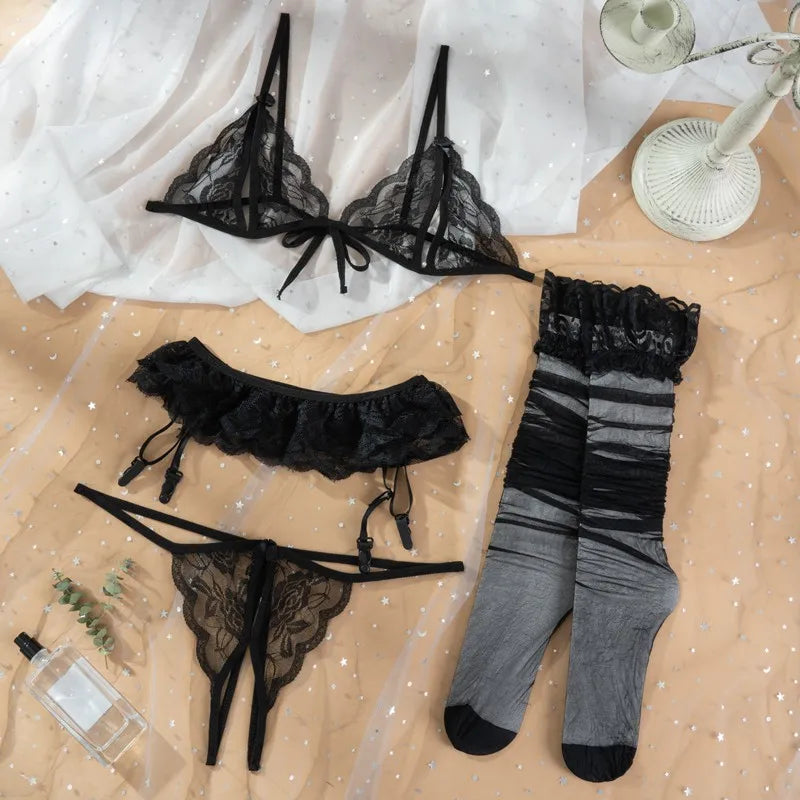 Sexy Lingerie with stockings Set Women's Intimates lace Underwear Bra Panties Set G-string Garter Belt sexual lingerie erotic