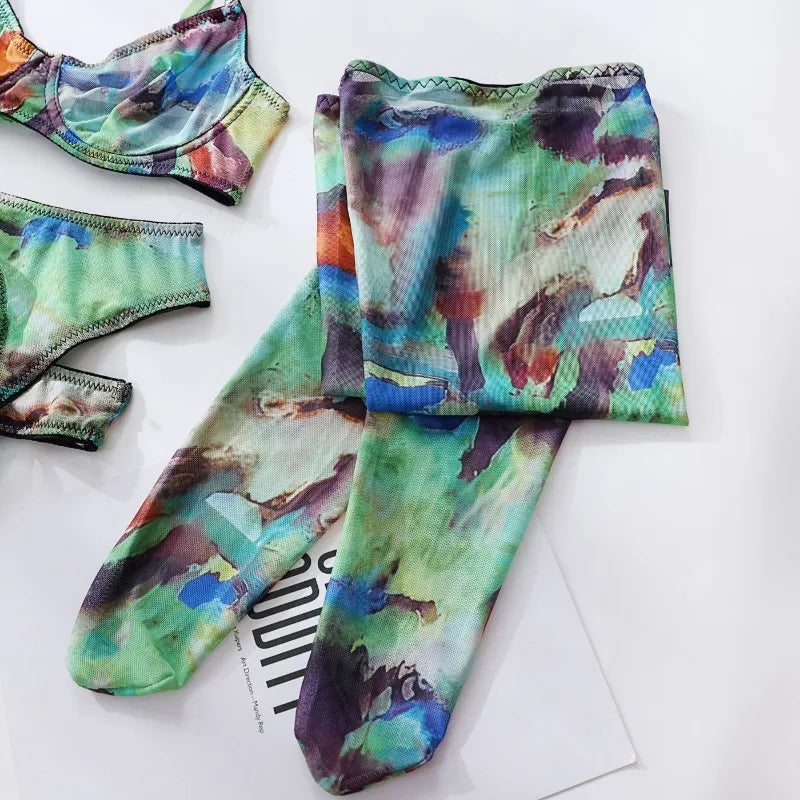 5 Pieces Lingerie Set Women Nightwear tie-dye Printed Halloween Underwear Bras Panties Golves Stocking Erotic Laungerie Set