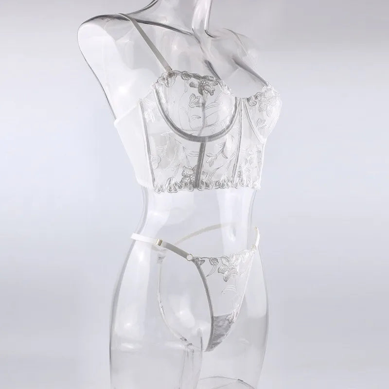 Womens Lingerie Set  White Embroidered Fish-bone Bra Underwear, Thong, Tank Top - A Set of Sexy Lingerie in A Variety of Styles