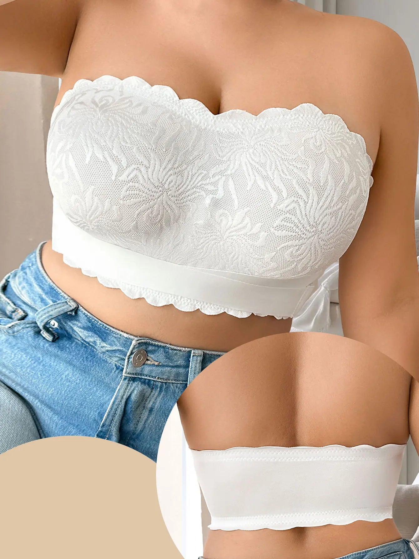 Strapless Bra 5XL Plus Size, Invisible Stick On Bustier with Lace & Adhesive, No Slip Backless Bra for Wedding Dress