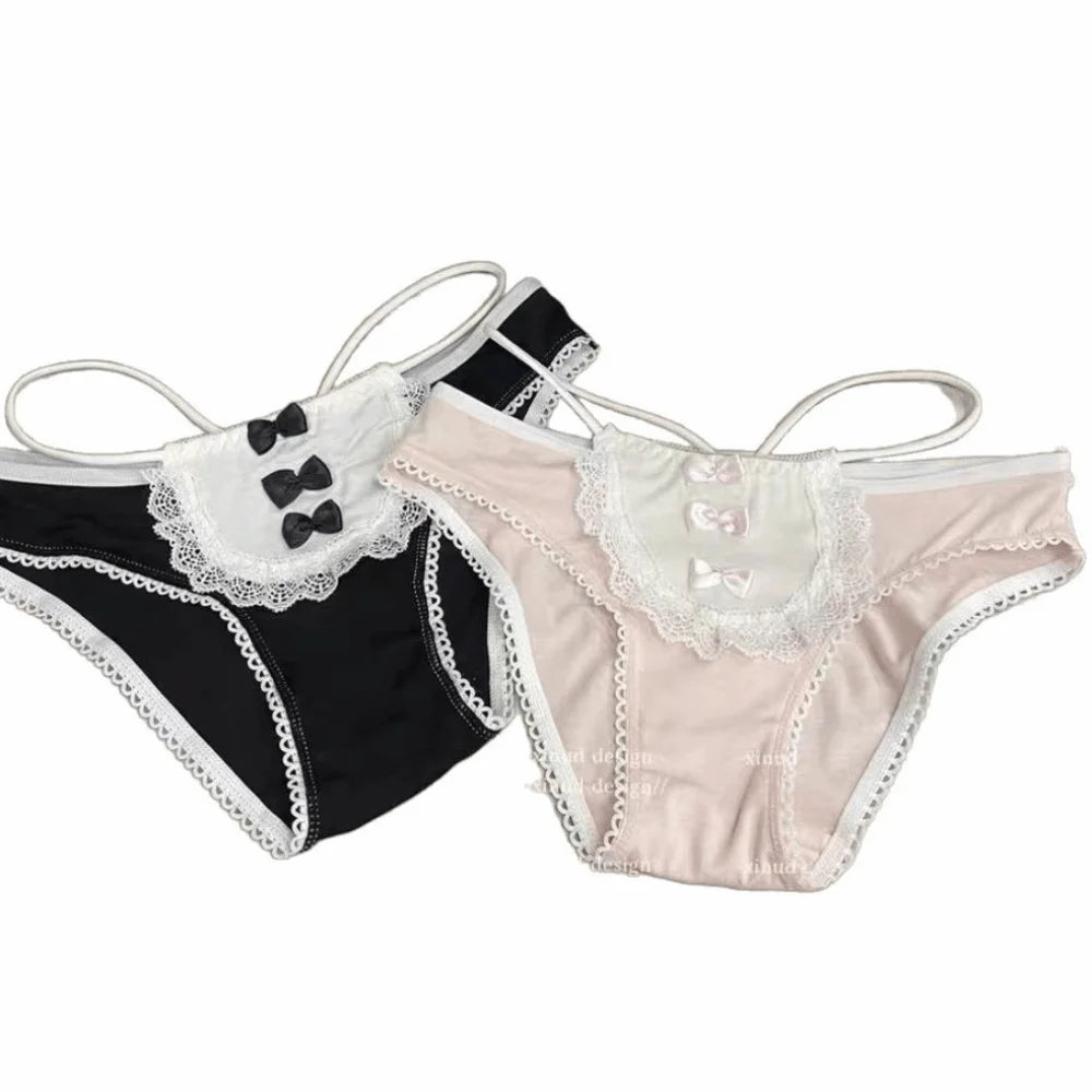 Lingerie Bow Lace Flower Panties Seamless Mid Waist Lace Mesh Briefs Hollow Transparent French Style Briefs Girl