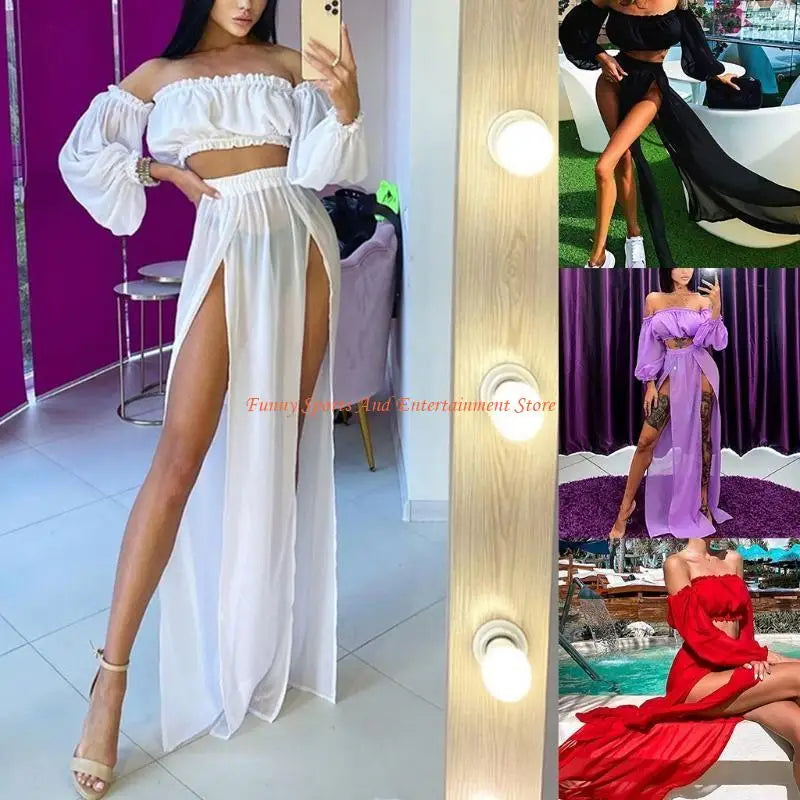 C4DE Women Sexy 2 Piece Swimsuit Cover Up Beach Outfits Set Sheer Mesh Puff Long Sleeve Off Shoulder Crop Top High Waist