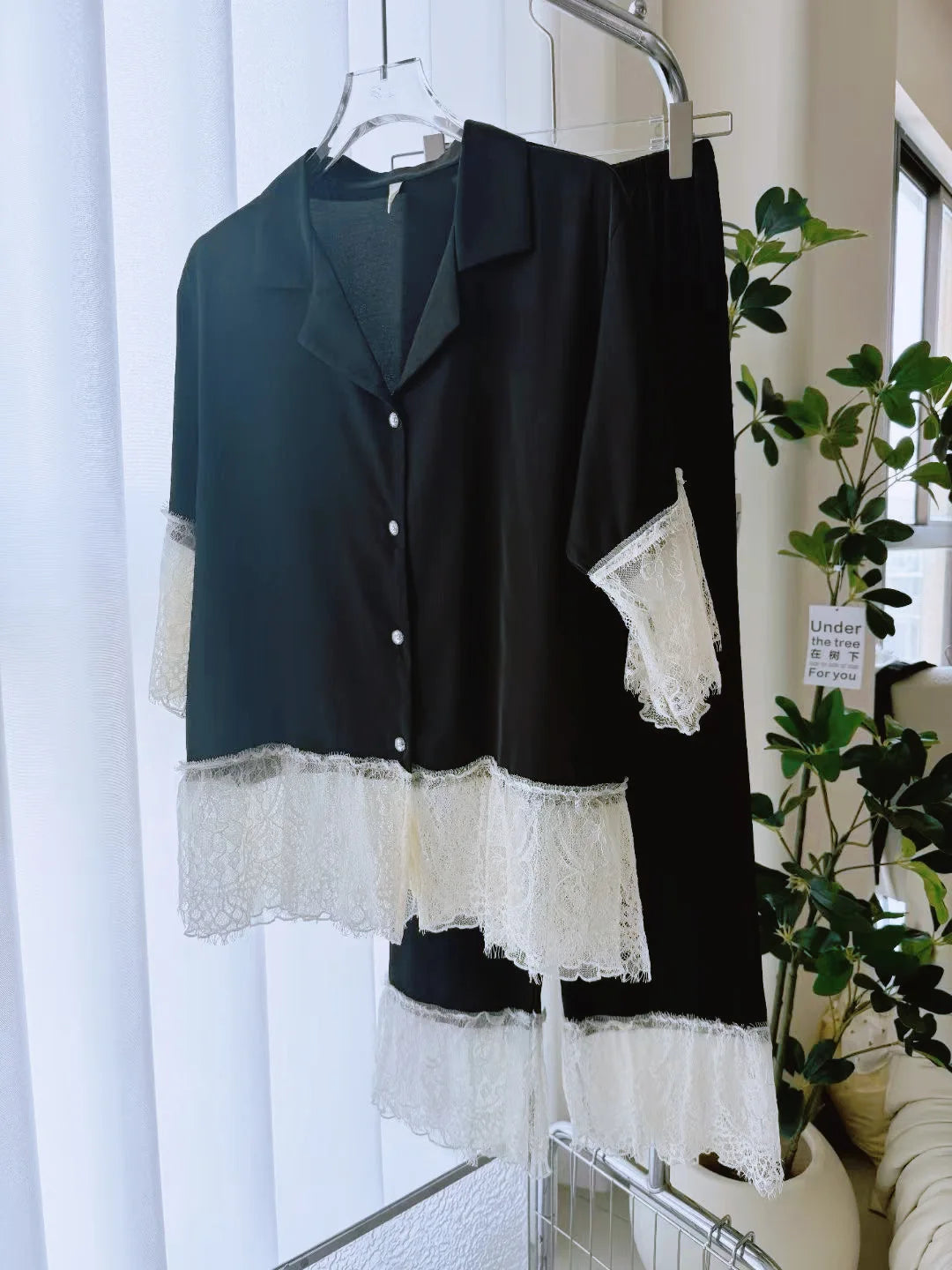 Female Pajamas 2PCS Set Lounge Wear Big Lace Trim Short Sleeve Shirt Trouser Pijamas Suit Sleepwear Pyjama Loose Homewear