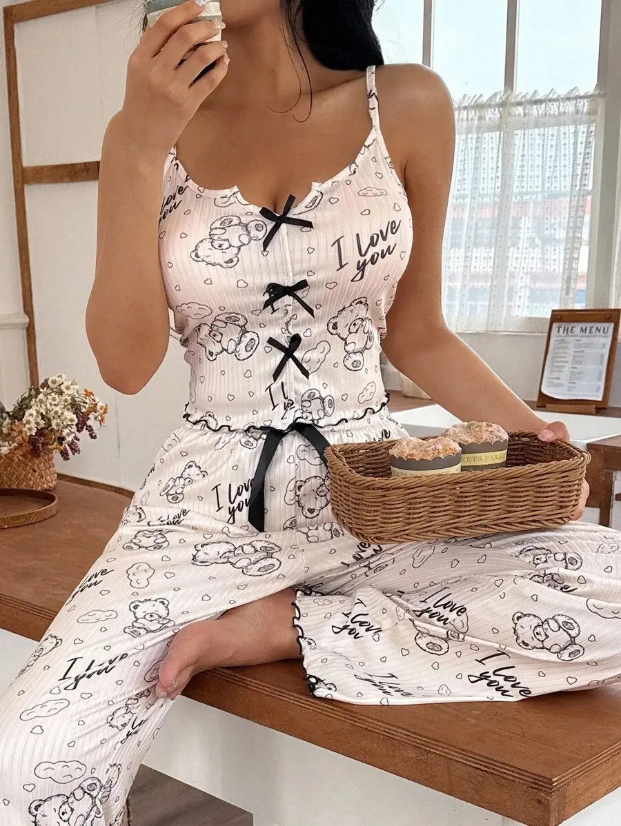Women's Pajamas Set Sleepwear Bear Printed 2 PCS with Flirty Frill Trim Casual Cami Top and Long pants Sets Loungewear Soft