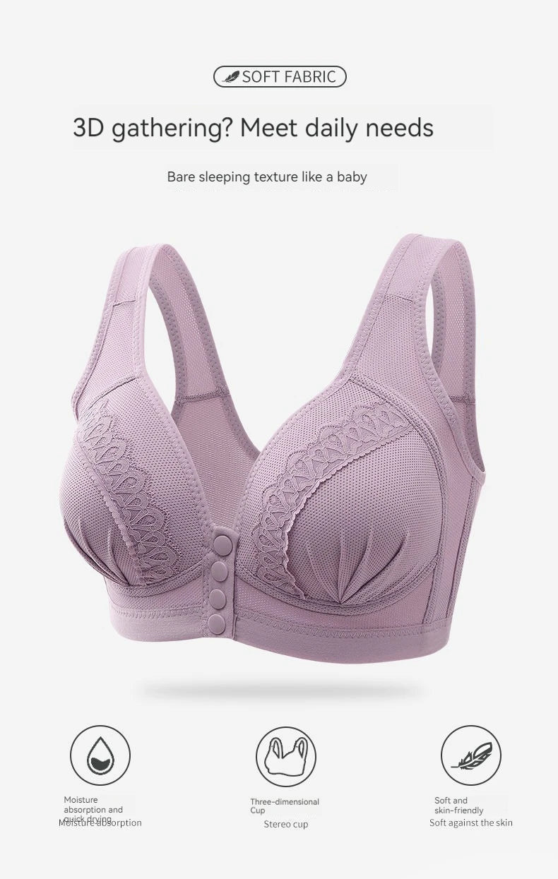Gather Breathable Comfortable Breast-free Underwire Middle-aged Mom Bra With Large Size Front Buttons Nursing Underwear