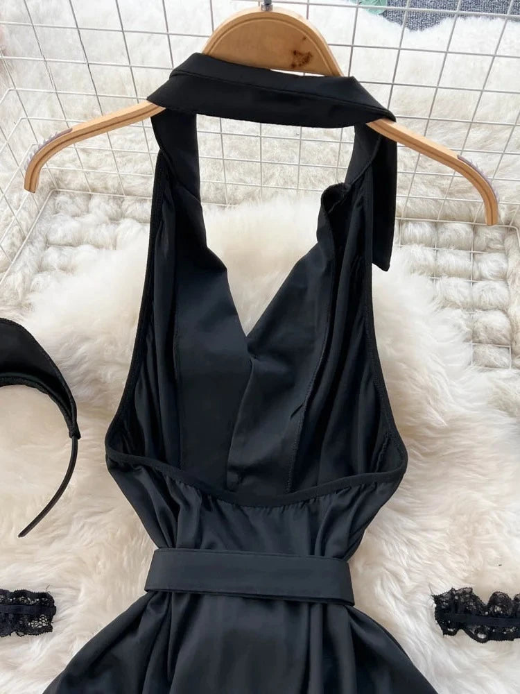 Erotic Fashion Sexy Halter Lingerie Dress Summer V Neck Vintage Belt Slim Lingerie Women Backless Sexuality Club Lingerie Sets