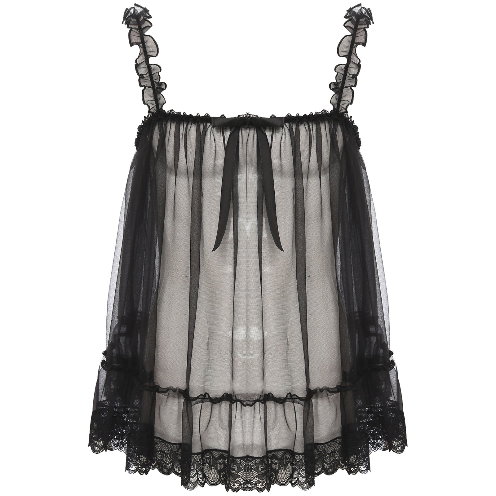 Womens Sexy See-Through Babydolls Sheer Mesh Top Ruffle Straps Bow Lace Trim Camisole Tops Lingerie Tempting Nightwear Clubwear