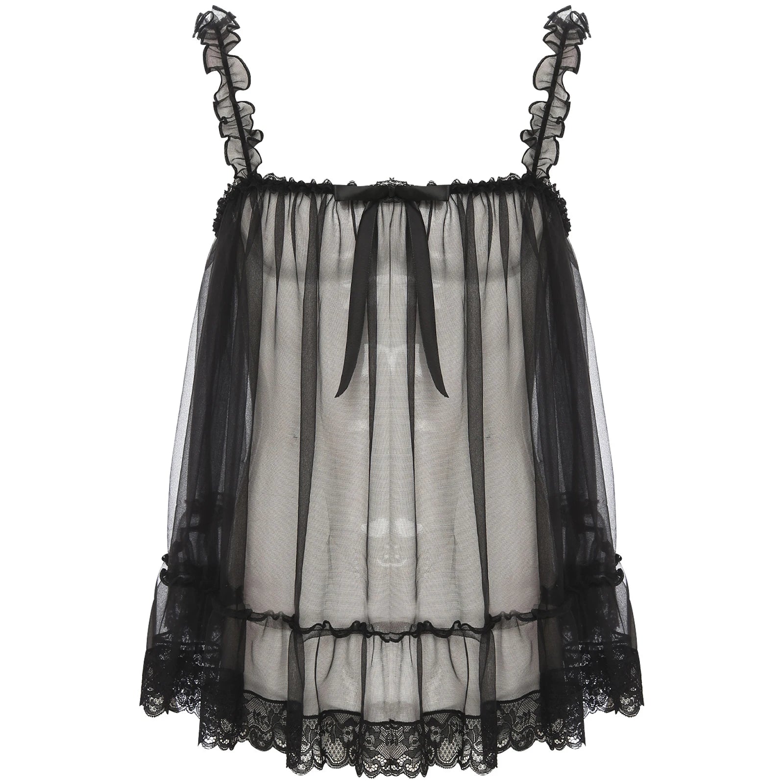 Womens Sexy See-Through Babydolls Sheer Mesh Top Ruffle Straps Bow Lace Trim Camisole Tops Lingerie Tempting Nightwear Clubwear