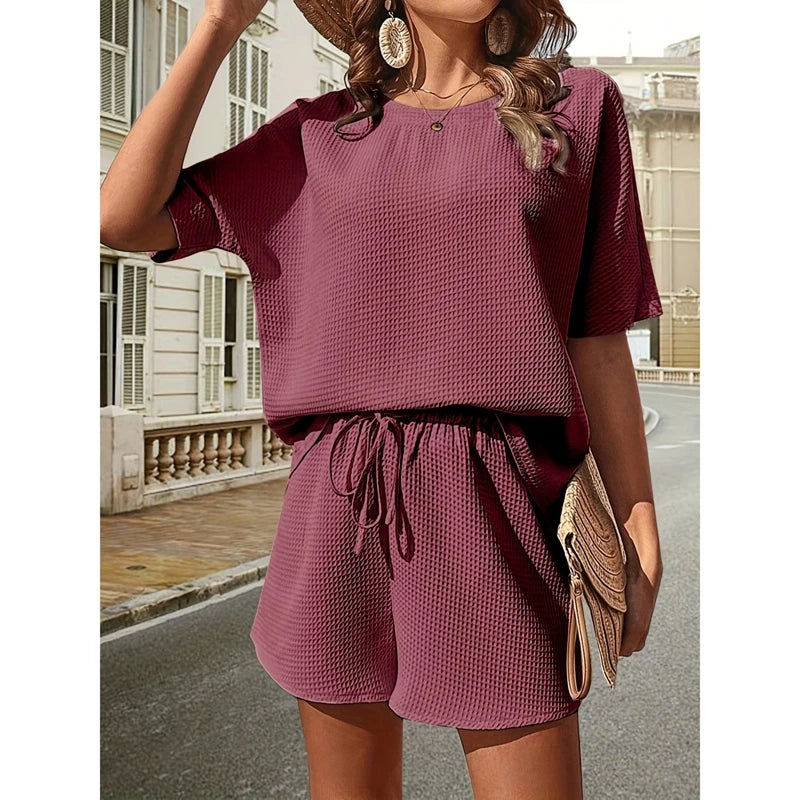 Stylish Casual Pajama Set For Women Solid Color Half Sleeve Bat Shirt And Soft Elastic Shorts Cozy Relaxed Fit Loungewear Pjs