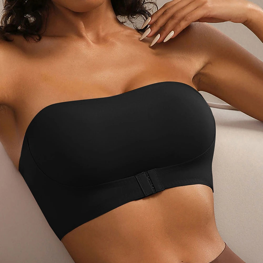 Women's Strapless Push Up Bra Sexy Seamless No Padding Front Button Bra Comfortable Smooth Backless Non Slip Unlied Brassiere