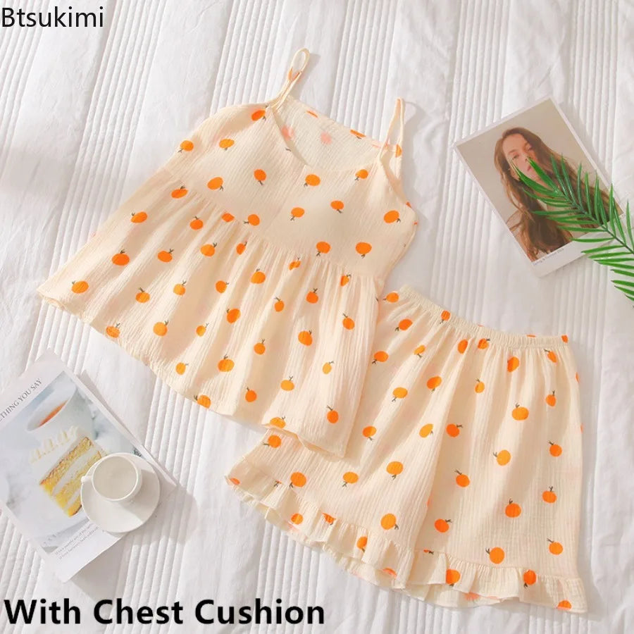 2026Women's Summer Cotton Sleepwear Sets Girl's Camisole Vest with Chest Cushion Shorts Cute Floral Two-piece Home Suit Set 2PCS