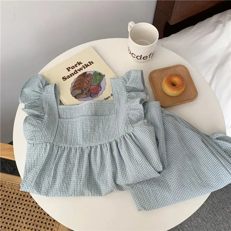 Pajama Sets Women Chic Square Collar Sweet Sleeveless All-match Home Plaid Cozy Sleepwear Korean Style Casual Summer Loose New
