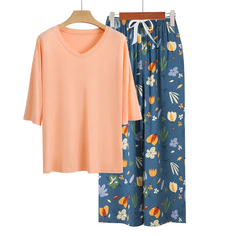 Casual Pajamas Set Spring Summer Short Sleeve Tops Long Pant Suit Elegant Women's Pijamas Home Sleepwear Clothes Pijama Mujer