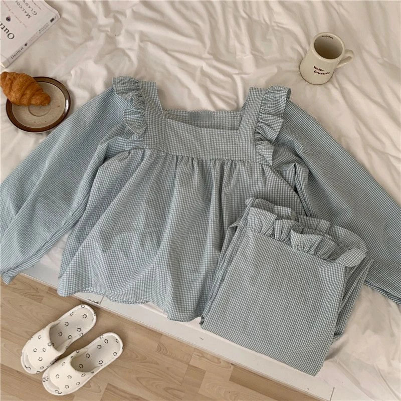 Pajama Sets Women Plaid Harajuku Schoolgirl Sweet Style Autumn Simple Sleepwear Square Collar Ins Popular Lovely Nightwear Daily