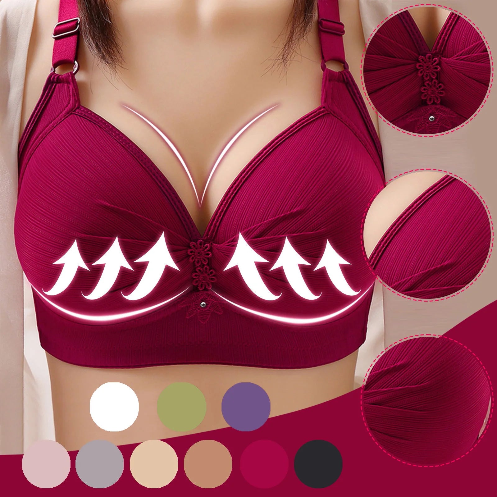 Elegant Skin Tone Textured Bra Chic Wireless Full Coverage Underwear Stylish Push Up Rhinestone Detail Lingerie Women