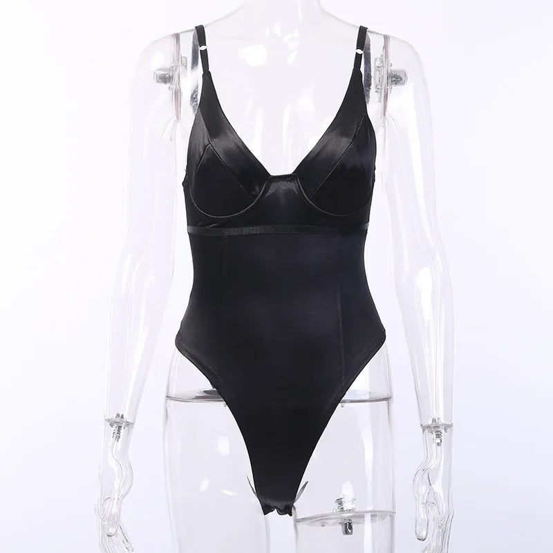 Skinny Sexy Bodysuit Lingerie V-neck Body Feminino Bright Silk One-pieces Tops Women Rave Outfit Sleeveless Lenceria Femenina