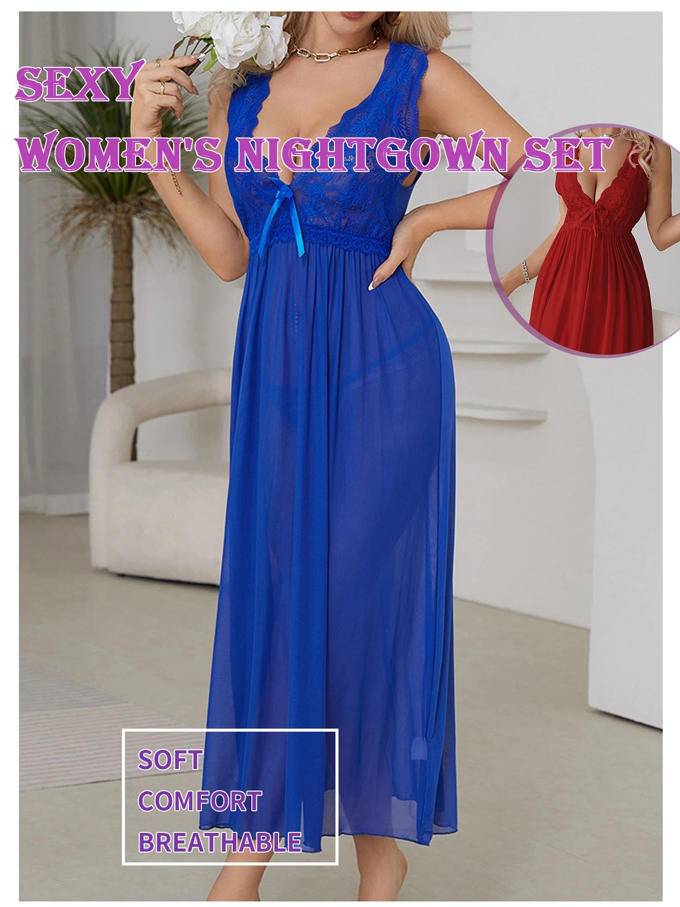 Sexy Women Lingerie Dress Set Lace Splicing Mesh Long Deep V Backless Nightgown Set Homewear All Season