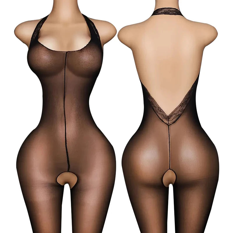 Lace Mesh Hanging Neck Bras Body Suits Erotic Crotchless Lingerie Women Deep V Halter Bodystockings Sexy Bodycon Underwear Sets