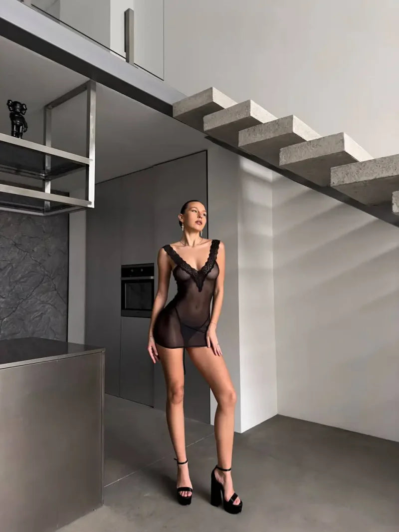 MIRABELLE Backless Sheer Lace Babydoll Dress Sexy Cutout Tie Détails See through Lingerie Transparent Nightwear Erotic Lace up D