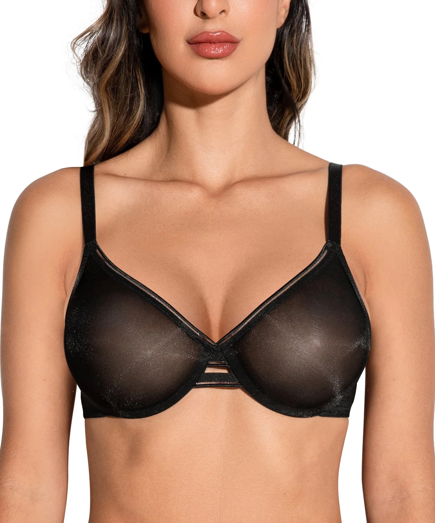 Wingslove Women's Sexy Mesh Sheer Transparent Bra Demi Underwire Lingerie See-through Flattering Underwear black/Champagne/pink