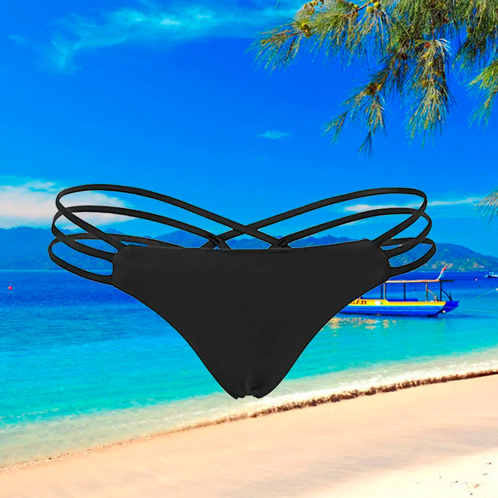Strappy Bikini Thong Swim Bottoms Black Size L Swimwear Panties Comfortable Stretchy Briefs for Pool Party