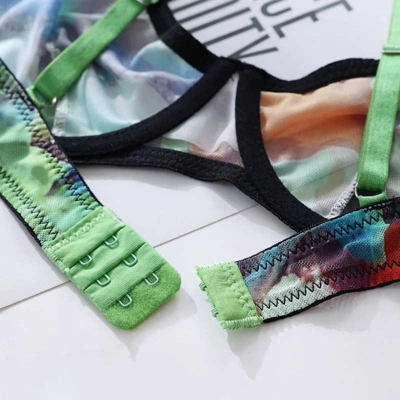 5 Pieces Lingerie Set Women Nightwear tie-dye Printed Halloween Underwear Bras Panties Golves Stocking Erotic Laungerie Set
