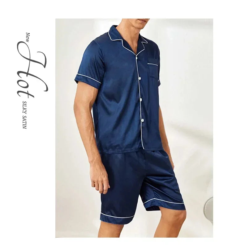 Plus Size Men's Pajama Set Faux Silk Lapel Cardigan Student Homewear Simple Short Sleeve Shorts Set Premium Feeling Solid Colour
