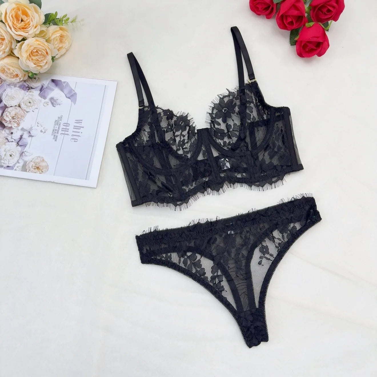 Sexy Lingerie Women Outfits Sheer Lace Corset Set Transparent 2-Piece Bra Set Girdle with Adjustable Straps Erotic Underwear