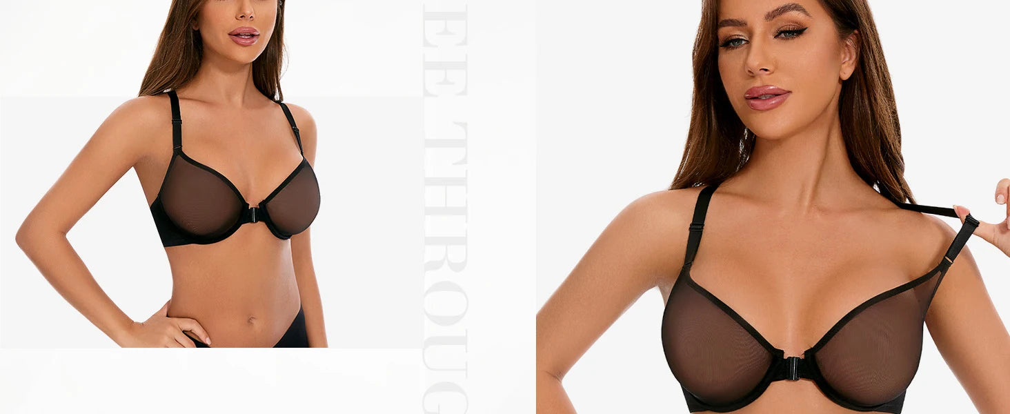 New Women Bra Ultra Thin Mesh Lace Bra Sexy Front Close Transparent See Through Underwire Unlined B C D E F 32 34 36 38 40 42 44