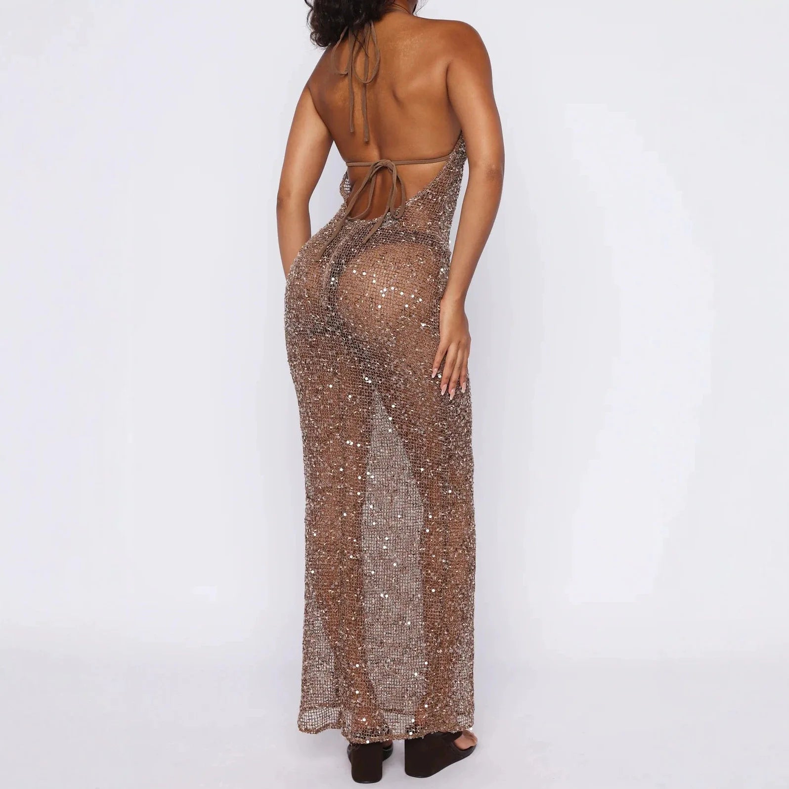 Sequins Sexy Party Slim Suspenders Women's Slightly Transparent Backless Dress
