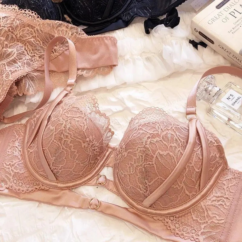 Sexy Lace Lingerie Set with Large Chest Gathered, Anti Sagging, And Adjustable Breasts, Comfortable Soft Steel Ring Bra Set