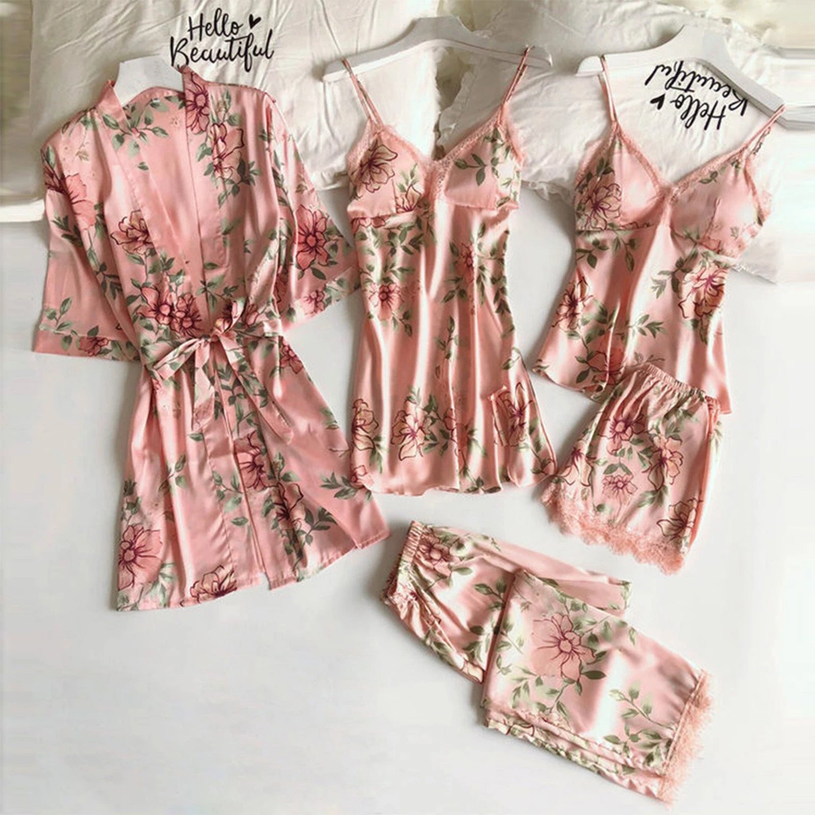 Women'S Printed Sleepwear Loose And Comfortable Lace Five Piece Set Sleeveless Camisole Nightdress Home Clothing Bathrobe