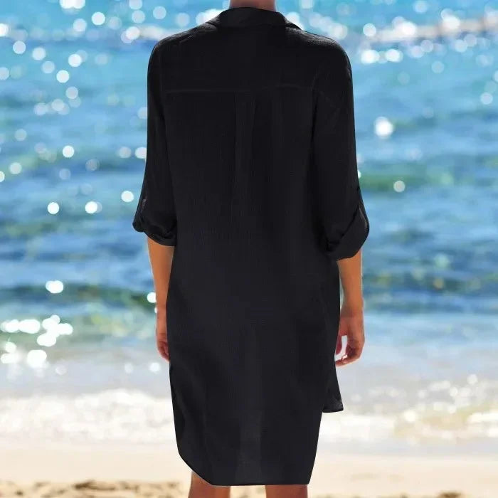 Sexy Beach Cover Up Women Bikini Pocket Swimsuit Cover Up Hollow Out T-shirt White Bathing Suit Cover-Ups Tunics Beachwear Robe