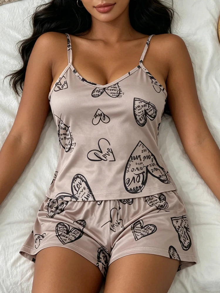 1 Sets Summer Cami Sleeveless Top and Shorts Pajama Sets Female Printed Adjustable Belt Cozy Loungewear Women Leisure Sleepwear
