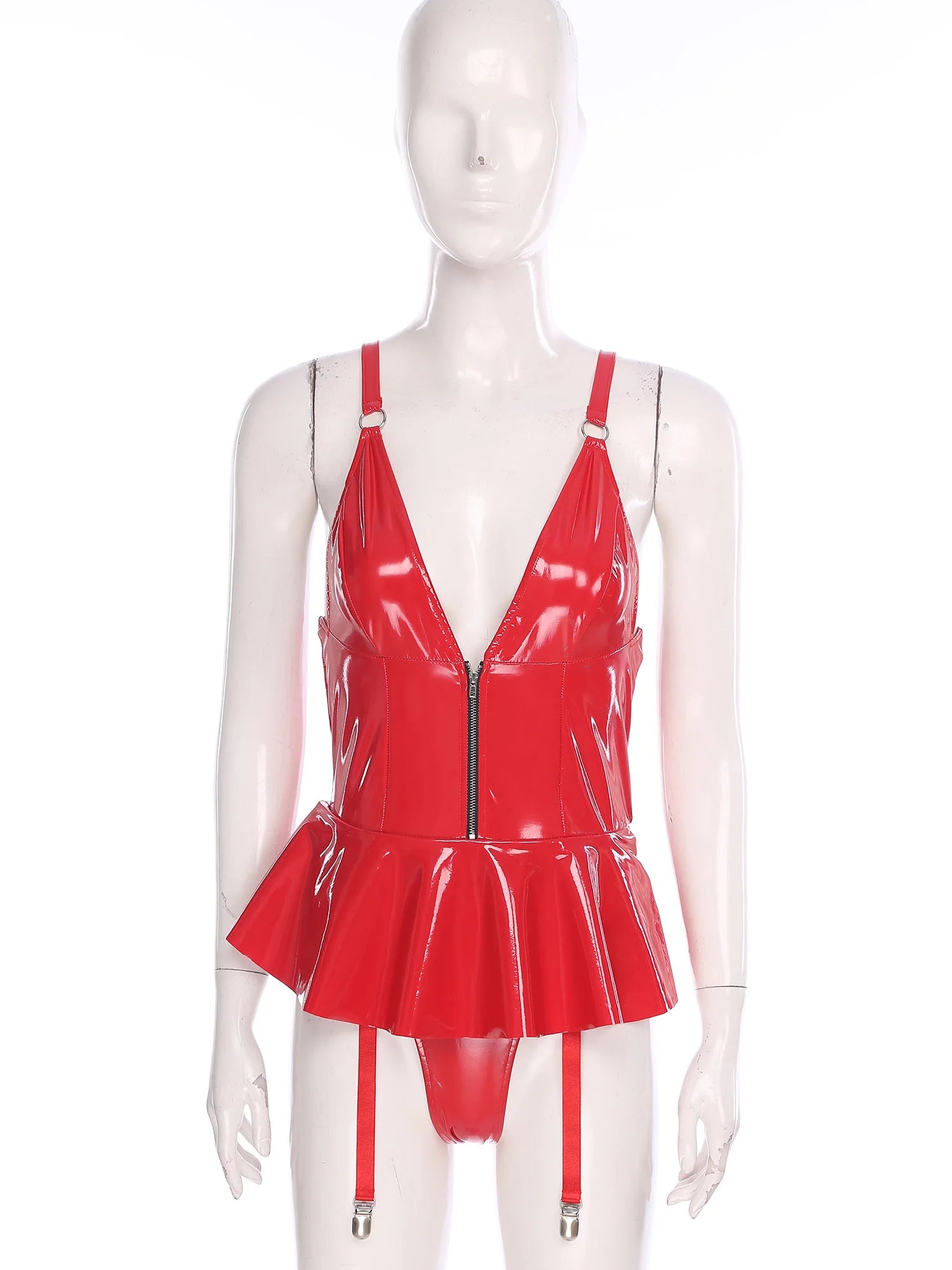 Womens Lingerie Latex Mini Dress Built-in Briefs Garters V Neck Front Zip Back Lace-up Bodysuit Glossy Sling Wetlook Clubwear