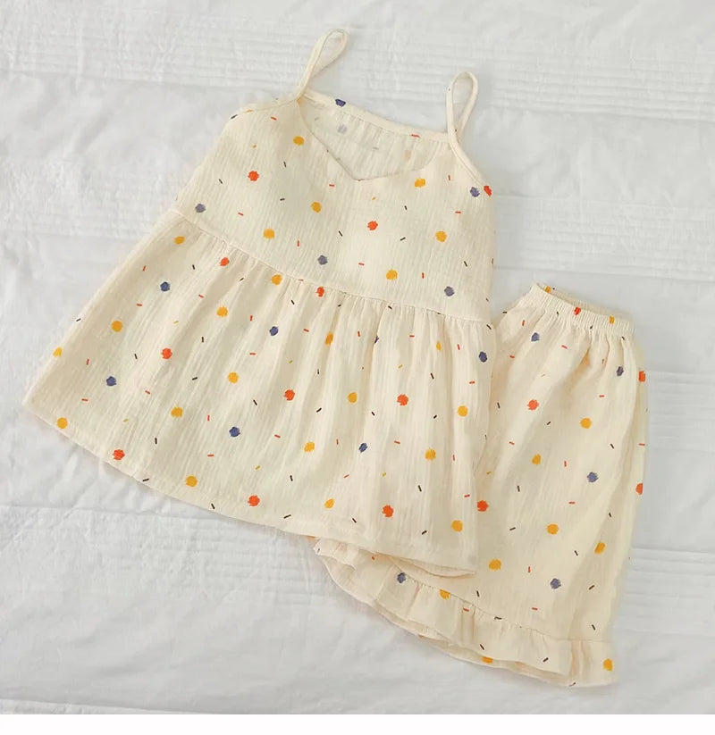 2026Women's Summer Cotton Sleepwear Sets Girl's Camisole Vest with Chest Cushion Shorts Cute Floral Two-piece Home Suit Set 2PCS