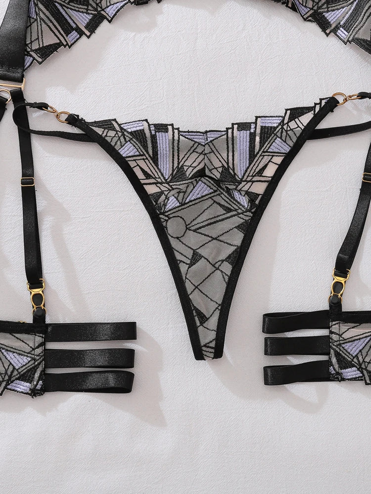 Lace Bras Embroidery Lingerie Sets Bra Garter Panty Sets Exotic Lingerie for Ladies Sexy Mesh Bra Intimate Outfits Transparent