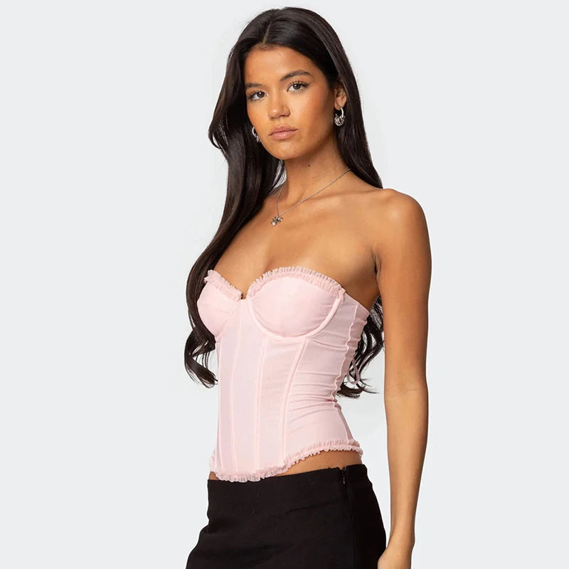 Women Sheer Lingerie Streetwear Lace-up Bustier Corset Tops Slim Backless y2k Tank Top Strapless Striped Sheath Sexy Camisole