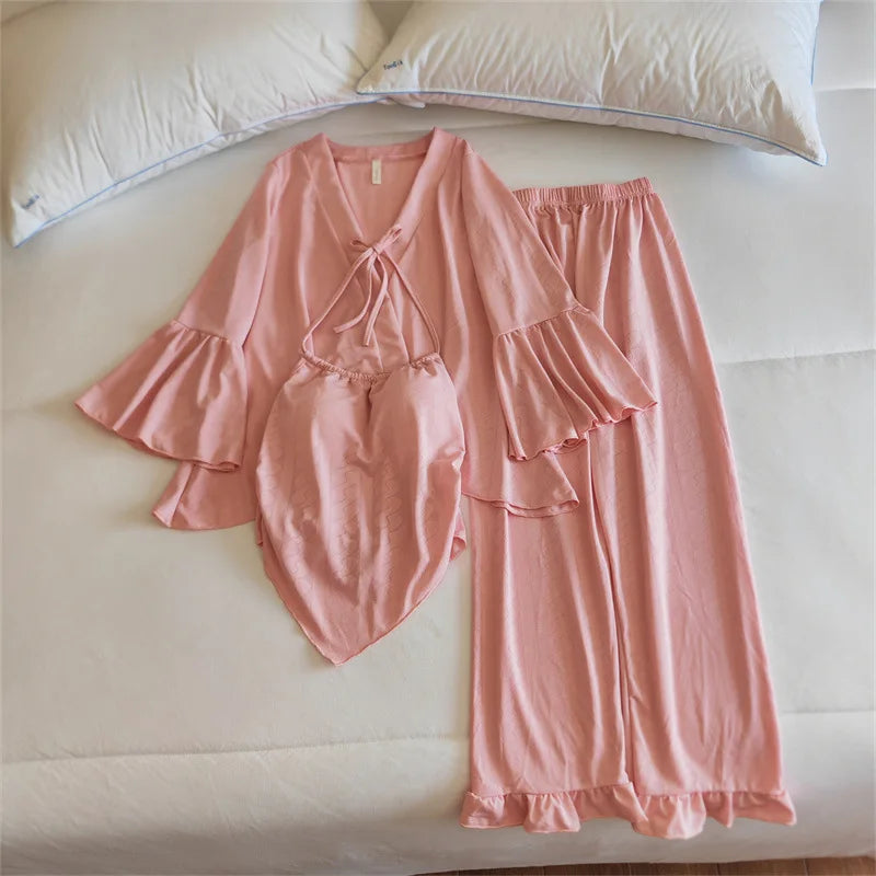 Pajama Set Woman New Chest Pad Sleepwear Ladies Night Wear Clothes Long Sleeve Trousers Suit Cotton Home Pijama De Mujer 3 Pcs