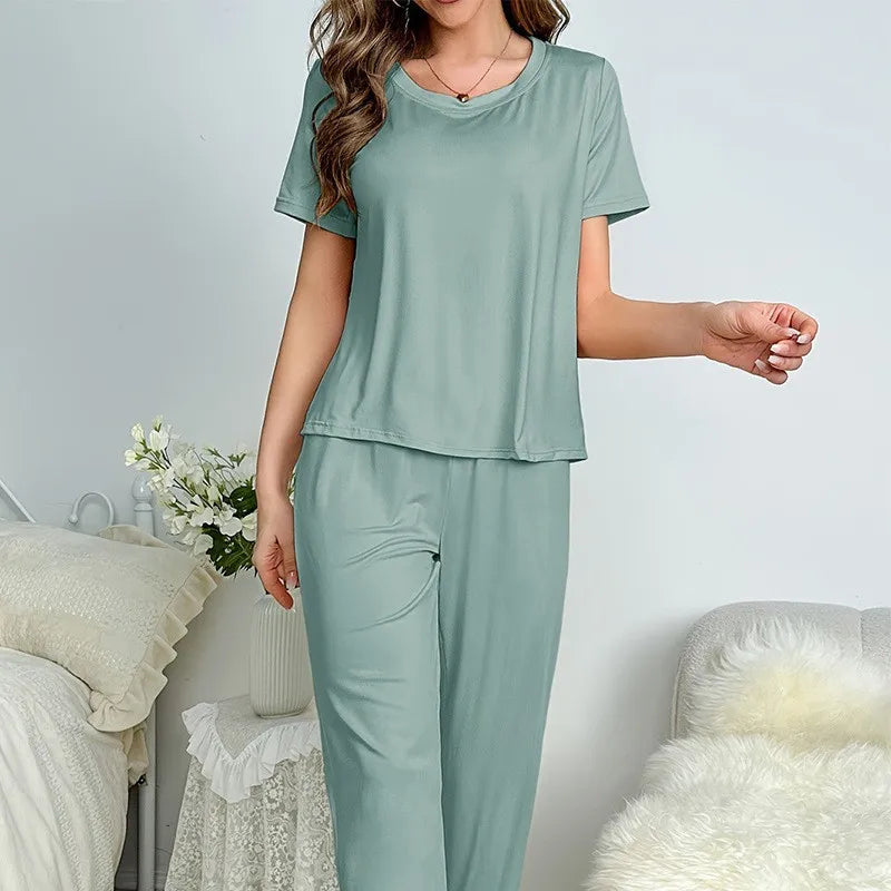 Women's Pajamas Set Solid Color Short Sleeve O Neck T-Shirt+Trousers 2 Pieces Suit Sleepwear Soft Loose Pijama Female Loungewear