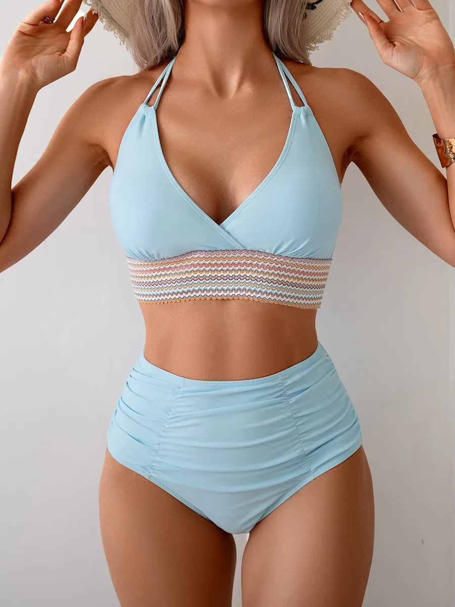 Black Halter Neck Bikini Navy Blue High Waisted Bikinis Olive Green Ruched Waist Swimwear Cropped Top Two Piece Swimsuit