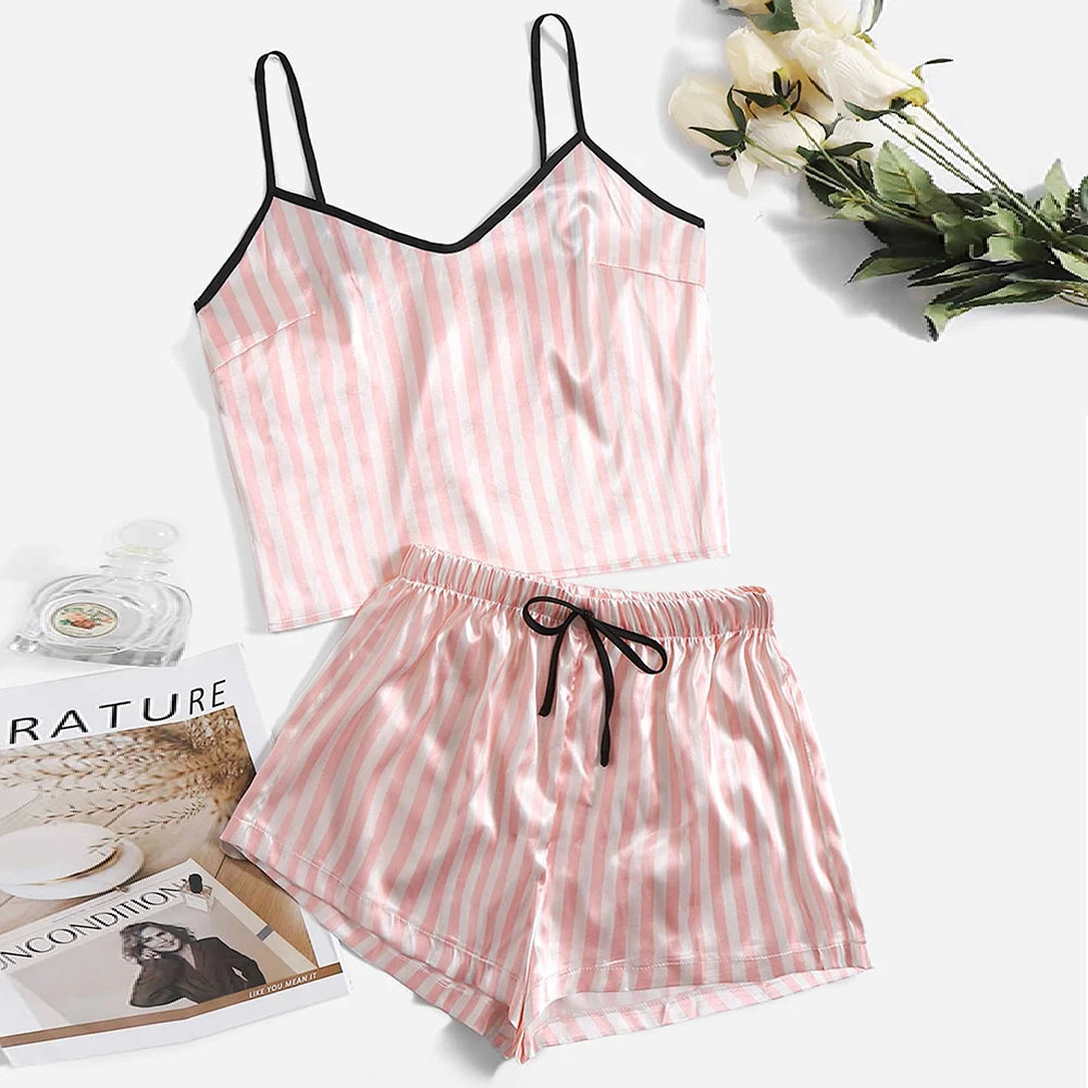 Women's Sexy Summer Pajama Sets Cartoon Pattern Pajamas Strap Sleeveless Satin Set Sleepwear Female Pijamas Nightwear Home Suit
