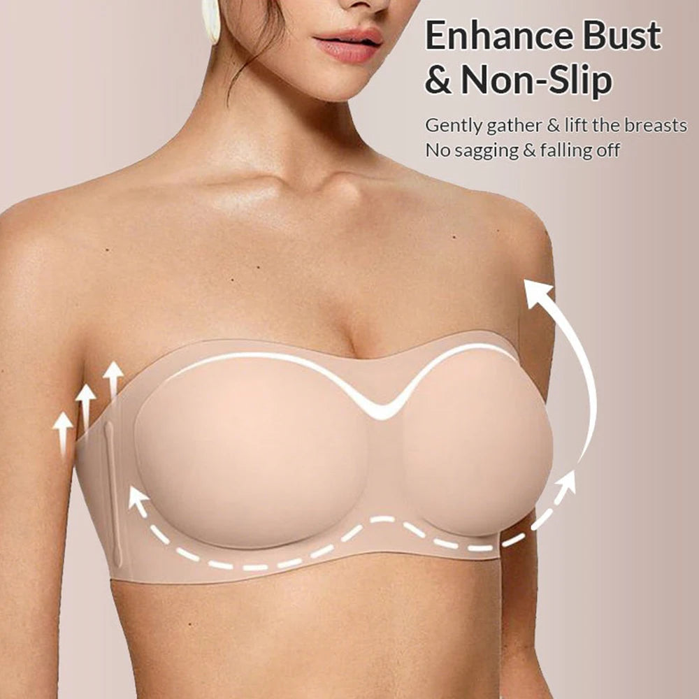 Strapless Bras For Women No-Slip Bandeau Push Up Wireless Bralette Comfy Seamless No Underwire Padded Jelly Tube Top Bra