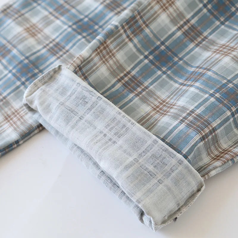 2026 Japanese New Men's Pajama Set Spring/Summer Checkered Simple Long sleeved Two Piece Set 100%Cotton Cardigan Home Furnishing