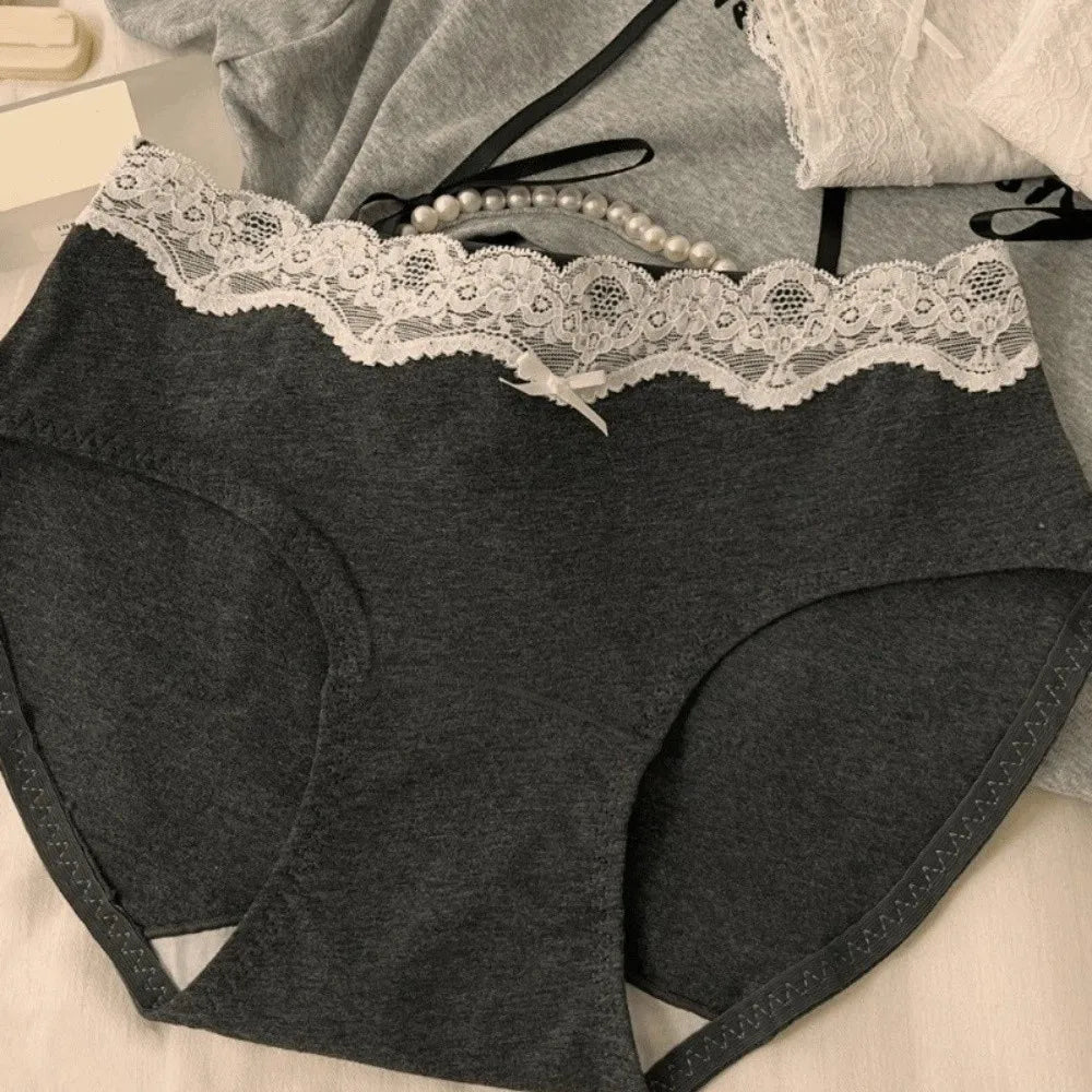Lingerie Bow Lace Cotton Panties Transparent Seamless Underwear for Women Mid Waist Soft Floral Lace Briefs Spring Summer