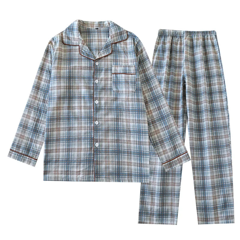2026 Japanese New Men's Pajama Set Spring/Summer Checkered Simple Long sleeved Two Piece Set 100%Cotton Cardigan Home Furnishing
