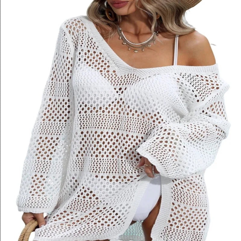 Women'S Swimsuit Cover Up Crochet Bathing Suit Mesh Swimwear Knit Pullover Beach Dress