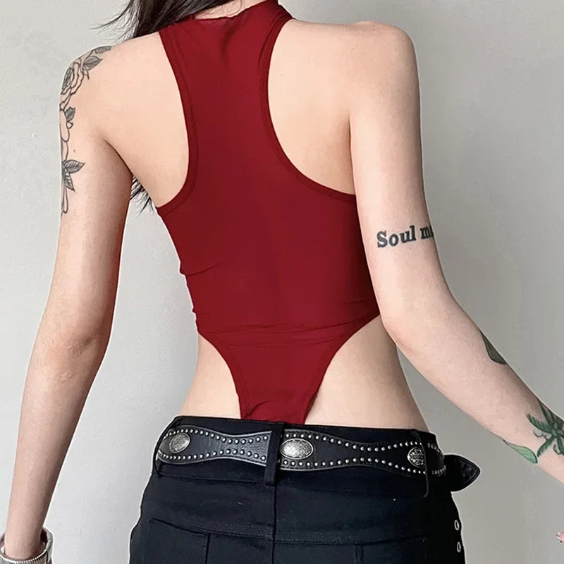 Red Lingerie Sexy Bodysuit Transparent Mesh Body Feminino Neck-mounted One-pieces Backless Tops For Women Y2k Clothes Bustier