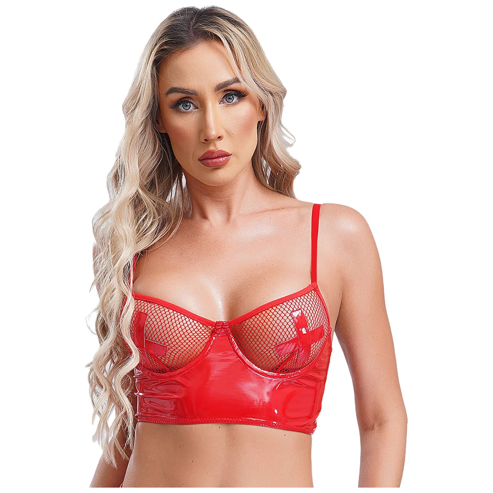Womens Lingerie Fishnet Mesh Bra Bustier See Through Mesh Underwire Balconette Back Zipper Bras Sexy Push Up Wet Look Crop Top